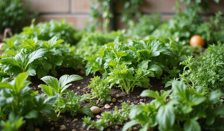 A small garden with various fresh herbs and vegetables, representing sustainable eating