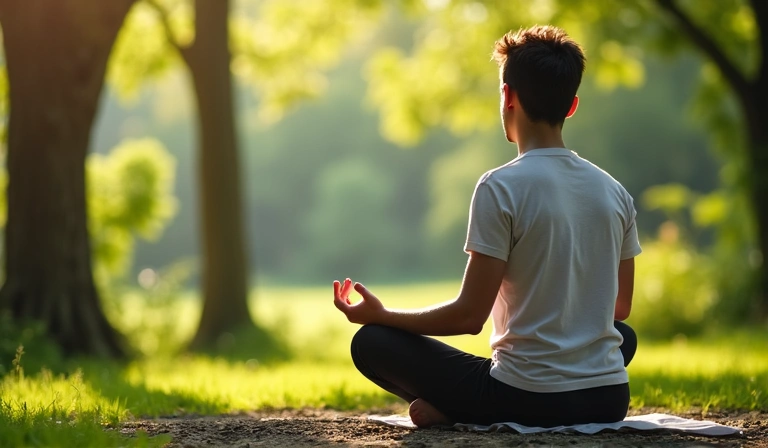 A person meditating in a serene outdoor setting, illustrating the connection between mental health and diet