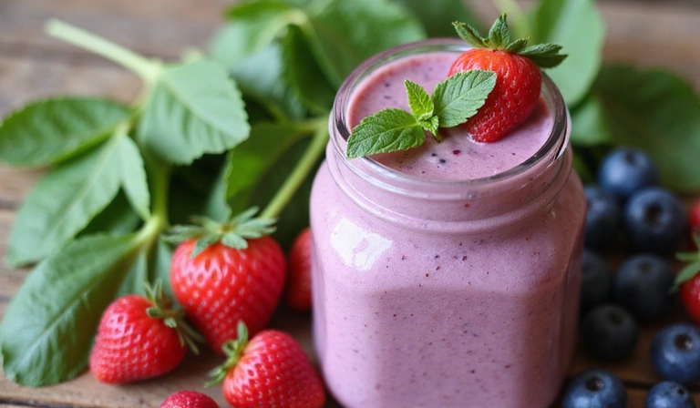 A close-up of a homemade smoothie with fresh berries and spinach, representing healthy recipes