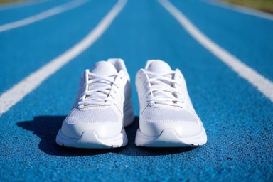A pair of running shoes on a track, symbolizing fitness and active lifestyle.