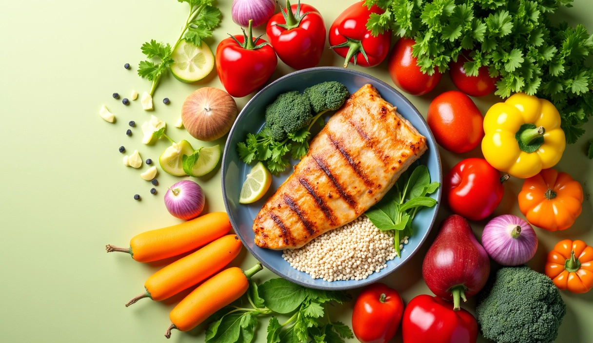 A healthy plate with fresh vegetables, fruits, and lean protein, symbolizing balanced nutrition and wellness.