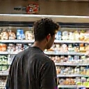 A person looking at a grocery list in a supermarket, representing shopping convenience.