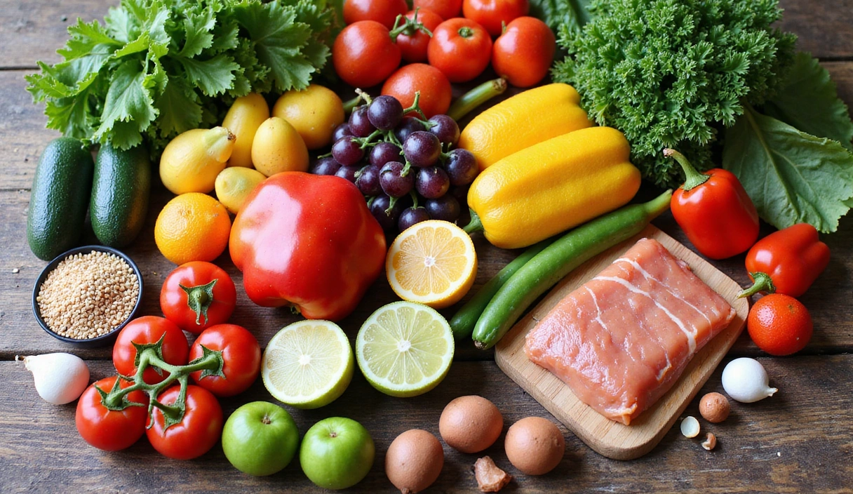 A vibrant display of healthy, fresh ingredients like colorful vegetables, fruits, lean protein, and whole grains, arranged beautifully on a wooden table, symbolizing a balanced and personalized meal plan.