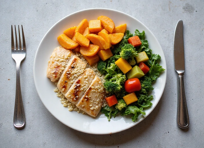A detailed plate of balanced sports nutrition food, showing protein, complex carbs, and fresh vegetables, ready for an athlete.